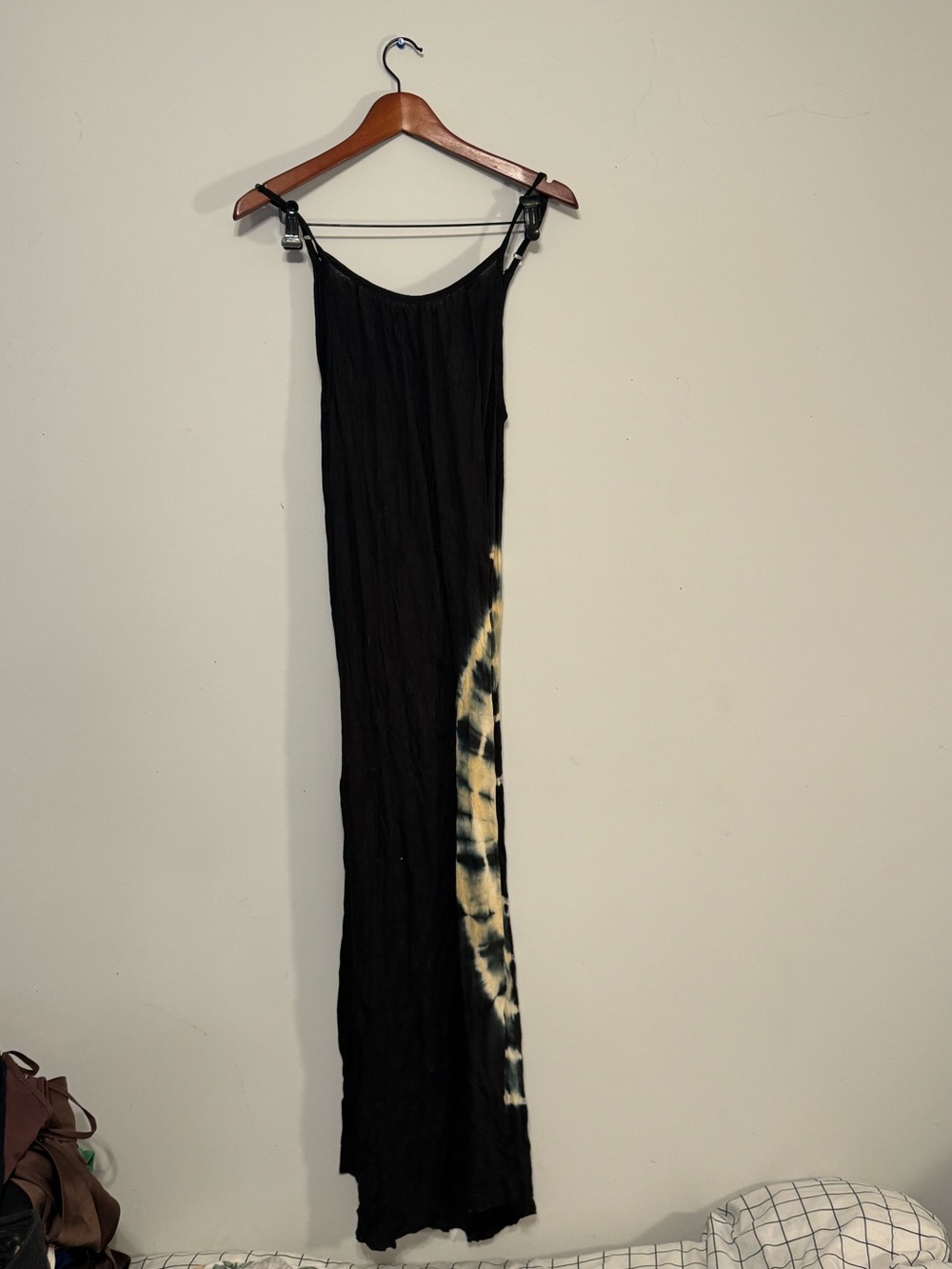 Sleeveless Black Maxi Dress with Cream Tie-Dye Side Panel